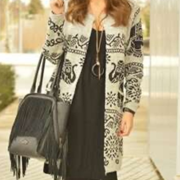 Elephant Print Open Cardigan Sweater Grey Black Cotton Blend NWOT - Picture 12 of 13